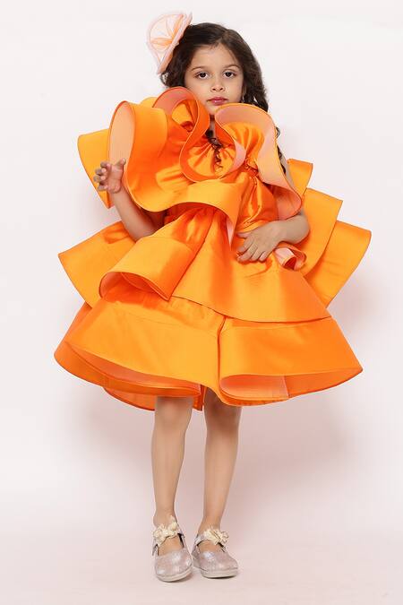 Buy_Janyas Closet_Orange Taffeta, Silk Layered Ruffled Dress_Online_at_Aza_Fashions
