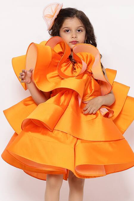 Shop_Janyas Closet_Orange Taffeta, Silk Layered Ruffled Dress_Online_at_Aza_Fashions
