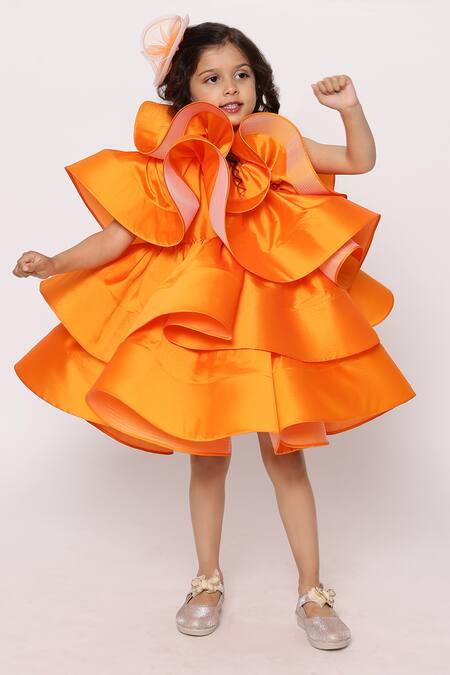 Janyas Closet_Orange Taffeta, Silk Layered Ruffled Dress_at_Aza_Fashions