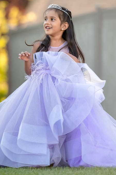 JANYAS CLOSET Purple Fancy Net Embellished Feather Dazzling Dream Draped Gown