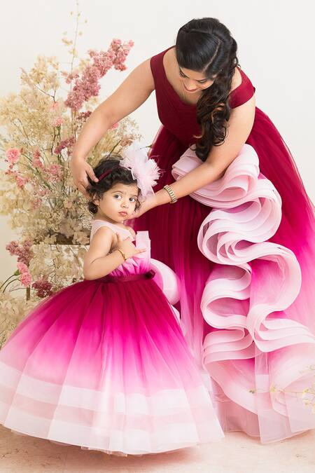 Janyas Closet_Wine Silk, Net, Linen Bows Shaded Grace Around You Gown_Online_at_Aza_Fashions