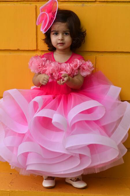 Shop Janyas Closet Pink Silk, Net, Organza Feathers, Fabric Flowers Shaded Ruffled Sasha Gown at Aza Fashions Shop_Janyas Closet_Pink Silk, Net, Organza Feathers, Fabric Flowers Shaded Ruffled Sasha Gown_at_Aza_Fashions