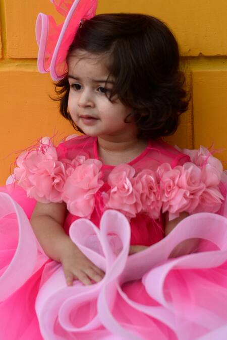 Janyas Closet Pink Silk, Net, Organza Feathers, Fabric Flowers Shaded Ruffled Sasha Gown Online at Aza Fashions Janyas Closet_Pink Silk, Net, Organza Feathers, Fabric Flowers Shaded Ruffled Sasha Gown_Online_at_Aza_Fashions