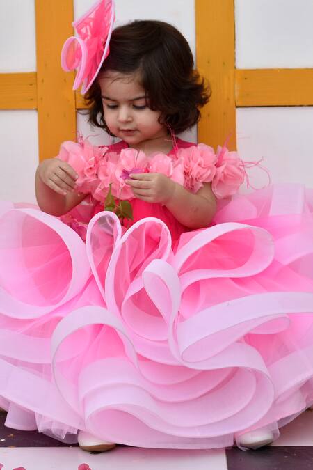 Buy_Janyas Closet_Pink Silk, Net, Organza Feathers, Fabric Flowers Shaded Ruffled Sasha Gown_Online_at_Aza_Fashions