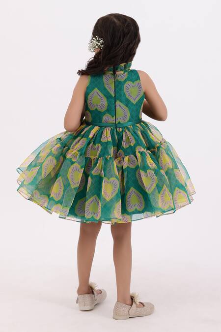 Shop Janyas Closet Green Silk, Organza, Linen Heart Print Flared Dress at Aza Fashions Shop_Janyas Closet_Green Silk, Organza, Linen Heart Print Flared Dress_at_Aza_Fashions