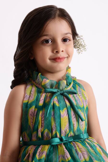 Janyas Closet Green Silk, Organza, Linen Heart Print Flared Dress Online at Aza Fashions Janyas Closet_Green Silk, Organza, Linen Heart Print Flared Dress_Online_at_Aza_Fashions