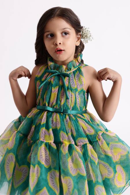 Buy Janyas Closet Green Silk, Organza, Linen Heart Print Flared Dress Online at Aza Fashions Buy_Janyas Closet_Green Silk, Organza, Linen Heart Print Flared Dress_Online_at_Aza_Fashions