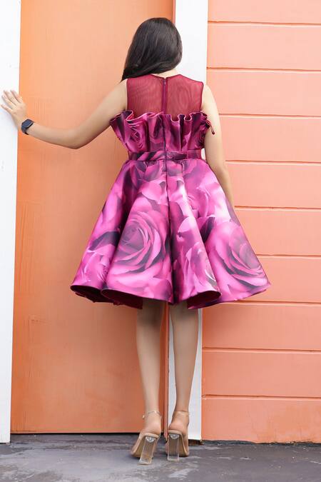 Shop Janyas Closet Wine Silk, Satin, Linen Rose Print Draped Dress at Aza Fashions Shop_Janyas Closet_Wine Silk, Satin, Linen Rose Print Draped Dress_at_Aza_Fashions