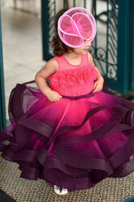 Janyas Closet_Pink Silk, Net, Linen, Organza Fabric Shaded Structured Ruffle Princess Gown_Online_at_Aza_Fashions