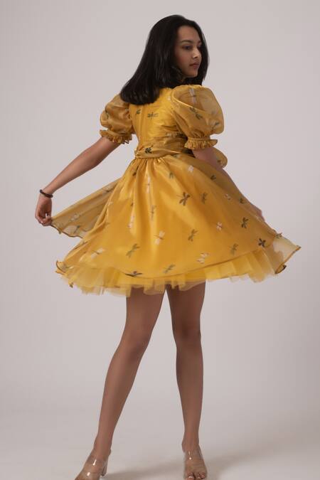 Shop Janyas Closet Yellow Net, Organza, Satin Dragon Fly Print Dress at Aza Fashions Shop_Janyas Closet_Yellow Net, Organza, Satin Dragon Fly Print Dress_at_Aza_Fashions