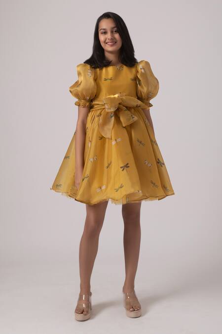 Janyas Closet Yellow Net, Organza, Satin Dragon Fly Print Dress Online at Aza Fashions Janyas Closet_Yellow Net, Organza, Satin Dragon Fly Print Dress_Online_at_Aza_Fashions