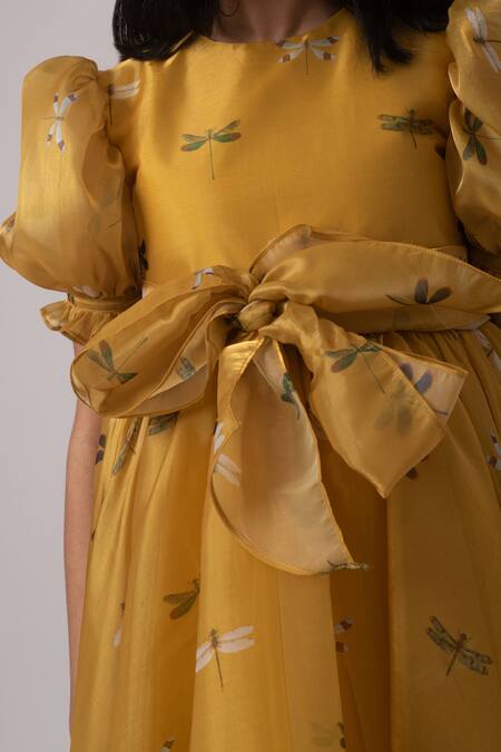 Shop Janyas Closet Yellow Net, Organza, Satin Dragon Fly Print Dress Online at Aza Fashions Shop_Janyas Closet_Yellow Net, Organza, Satin Dragon Fly Print Dress_Online_at_Aza_Fashions