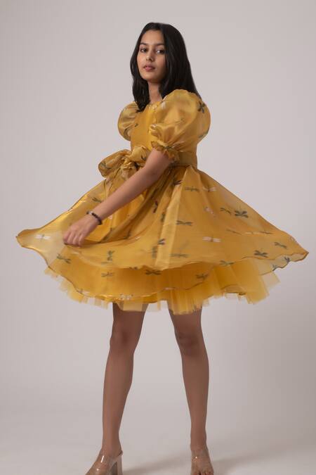 Janyas Closet Yellow Net, Organza, Satin Dragon Fly Print Dress at Aza Fashions Janyas Closet_Yellow Net, Organza, Satin Dragon Fly Print Dress_at_Aza_Fashions