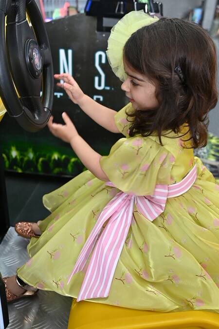 Janyas Closet_Green Silk Bows Floral Printed Dress With Striped_Online_at_Aza_Fashions