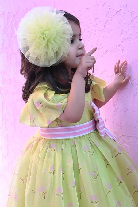 Buy_Janyas Closet_Green Silk Bows Floral Printed Dress With Striped_Online_at_Aza_Fashions