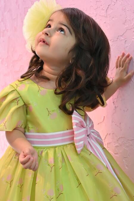 Shop_Janyas Closet_Green Silk Bows Floral Printed Dress With Striped_Online_at_Aza_Fashions