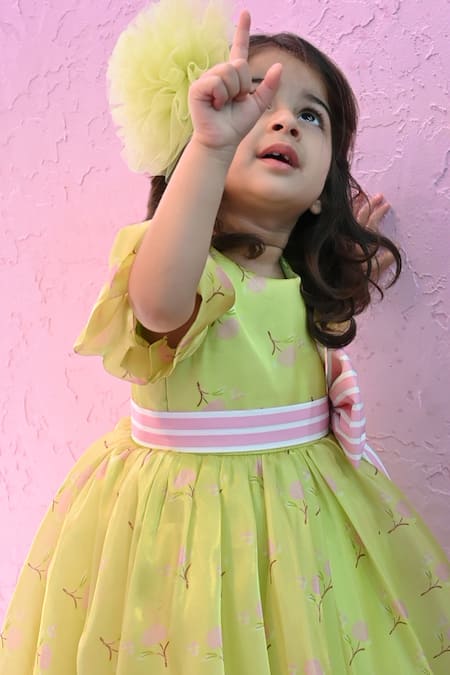 Janyas Closet_Green Silk Bows Floral Printed Dress With Striped_at_Aza_Fashions