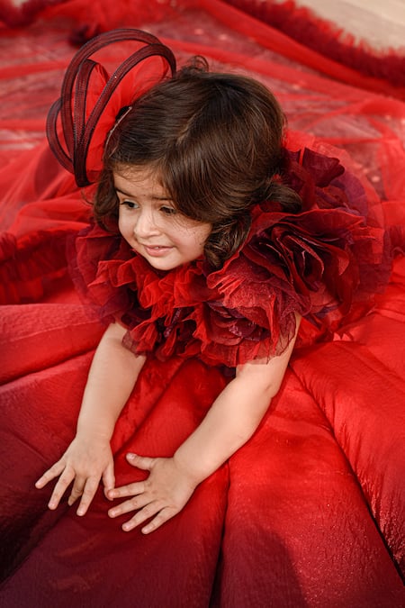 Janyas Closet_Red Silk, Organza Fabric Flowers Shaded 3d Embellished Ball Gown_Online_at_Aza_Fashions