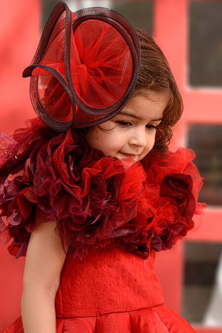 Buy_Janyas Closet_Red Silk, Organza Fabric Flowers Shaded 3d Embellished Ball Gown_Online_at_Aza_Fashions