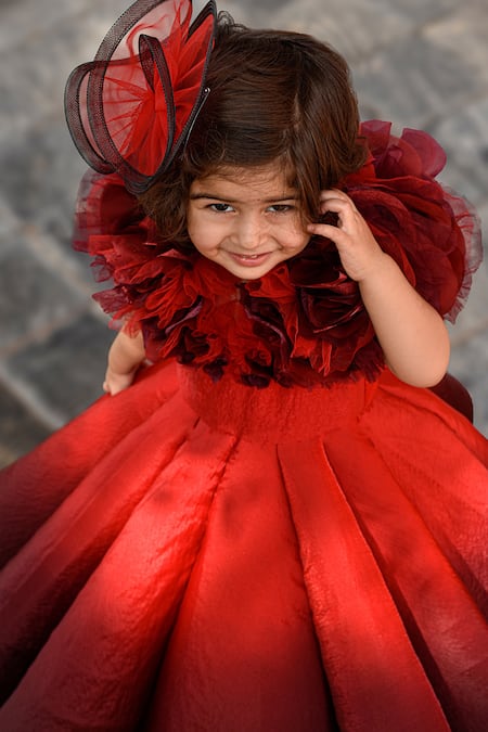 Shop_Janyas Closet_Red Silk, Organza Fabric Flowers Shaded 3d Embellished Ball Gown_Online_at_Aza_Fashions