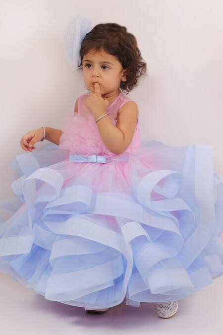Janyas Closet_Pink Silk, Net, Linen, Organza Bows Princess Kloe Shaded Gown_Online_at_Aza_Fashions