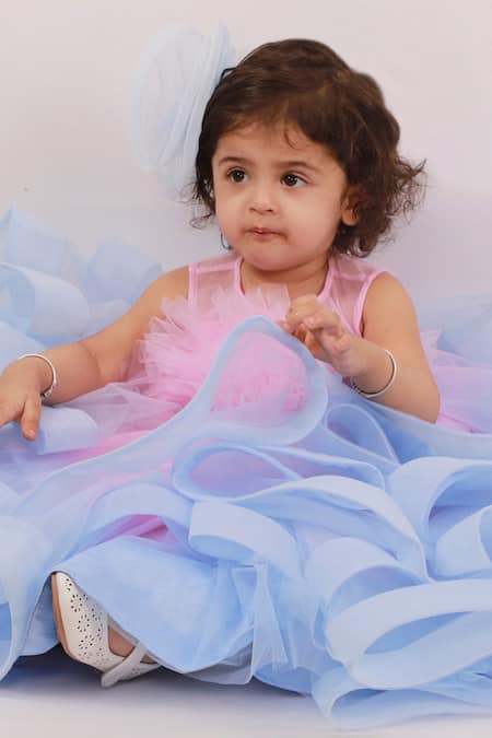 Buy_Janyas Closet_Pink Silk, Net, Linen, Organza Bows Princess Kloe Shaded Gown_Online_at_Aza_Fashions