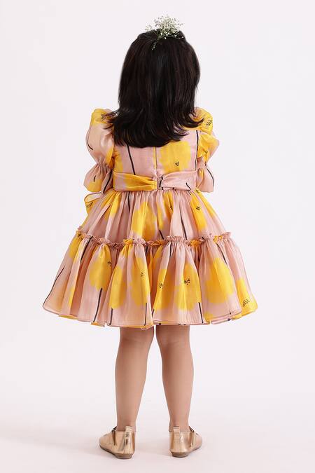 Shop Janyas Closet Beige Silk, Organza, Linen Gretta Tie-up Bow Printed Dress at Aza Fashions Shop_Janyas Closet_Beige Silk, Organza, Linen Gretta Tie-up Bow Printed Dress_at_Aza_Fashions