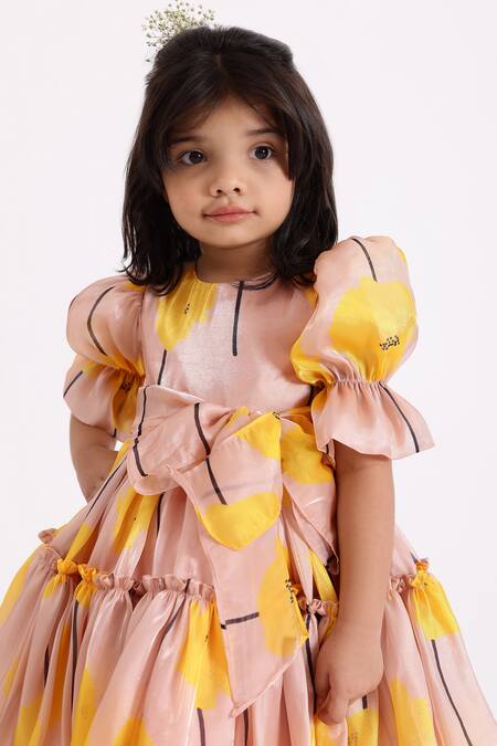 Janyas Closet Beige Silk, Organza, Linen Gretta Tie-up Bow Printed Dress Online at Aza Fashions Janyas Closet_Beige Silk, Organza, Linen Gretta Tie-up Bow Printed Dress_Online_at_Aza_Fashions