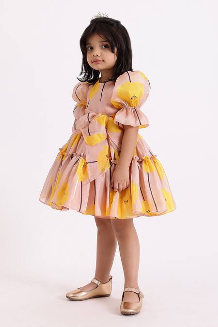 Shop Janyas Closet Beige Silk, Organza, Linen Gretta Tie-up Bow Printed Dress Online at Aza Fashions Shop_Janyas Closet_Beige Silk, Organza, Linen Gretta Tie-up Bow Printed Dress_Online_at_Aza_Fashions