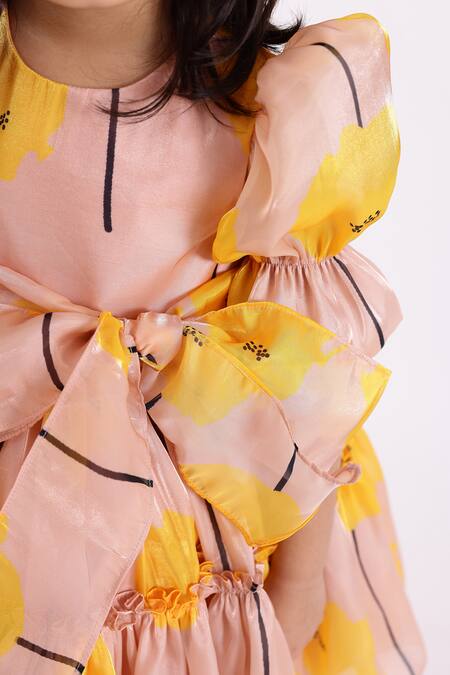 Janyas Closet Beige Silk, Organza, Linen Gretta Tie-up Bow Printed Dress at Aza Fashions Janyas Closet_Beige Silk, Organza, Linen Gretta Tie-up Bow Printed Dress_at_Aza_Fashions