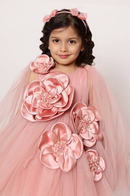 Janyas Closet Purple Silk, Net, Linen Fabric Flowers, Pearls Princess Embellished Dress at Aza Fashions Janyas Closet_Purple Silk, Net, Linen Fabric Flowers, Pearls Princess Embellished Dress_at_Aza_Fashions