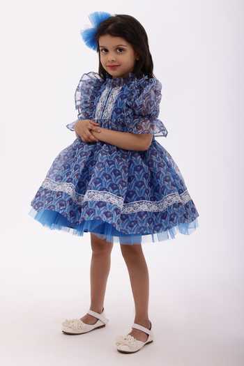 Buy_Janyas Closet_Blue Silk, Organza, Net, Lace Lace, Embroidery Vintage Sienna Printed Dress_Online_at_Aza_Fashions