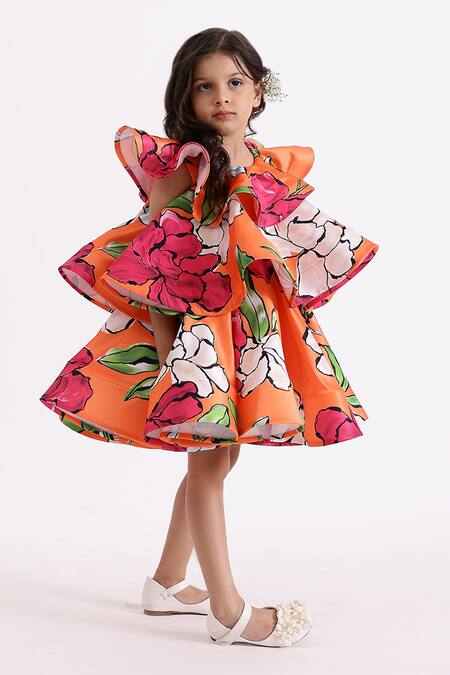 Janyas Closet_Orange Satin Bold Floral Print Layered Dress_Online_at_Aza_Fashions