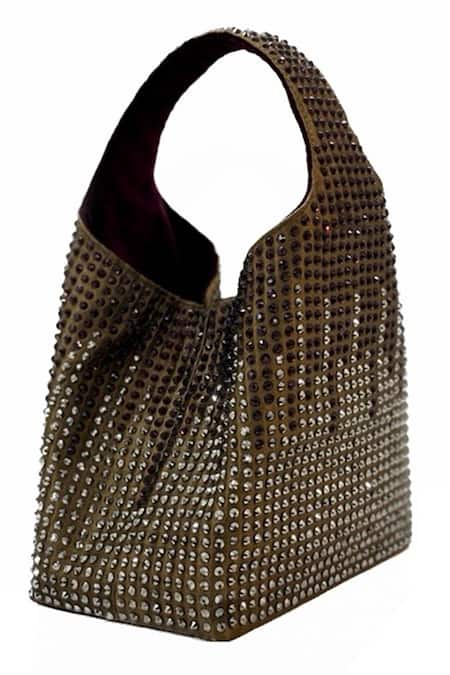 Shop ETCETERA Brown Embellished Rouge Rhinestone Mini Bag at Aza Fashions Shop_ETCETERA_Brown Embellished Rouge Rhinestone Mini Bag _at_Aza_Fashions