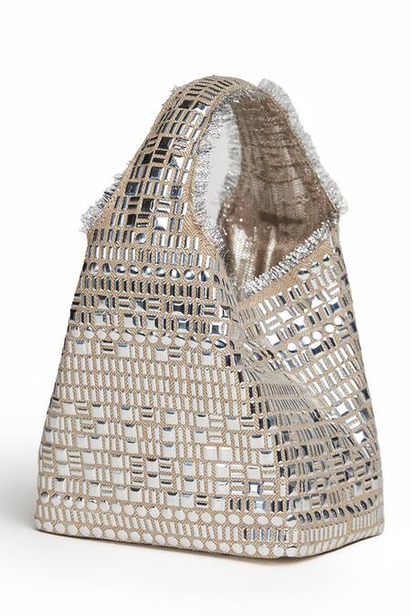 ETCETERA_Beige Embroidered Metal Geometric Embellished Structured Bag _Online_at_Aza_Fashions