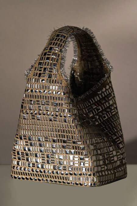 Buy_ETCETERA_Beige Embroidered Metal Geometric Embellished Structured Bag _Online_at_Aza_Fashions