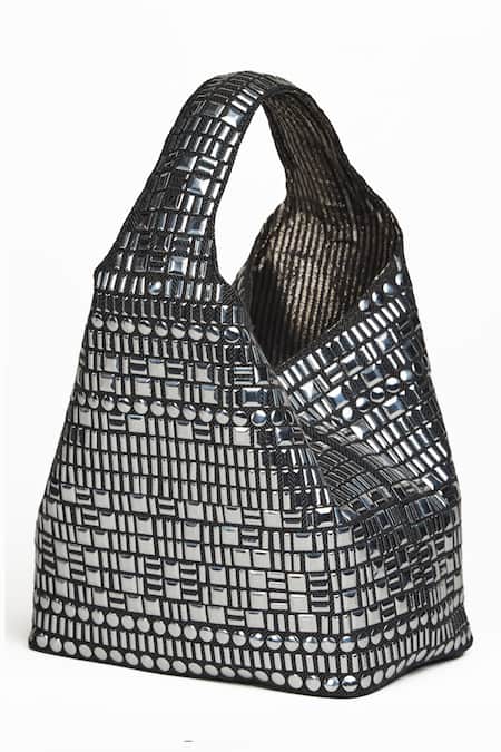 Shop ETCETERA Black Embellished Geometric Structured Bag at Aza Fashions Shop_ETCETERA_Black Embellished Geometric Structured Bag _at_Aza_Fashions
