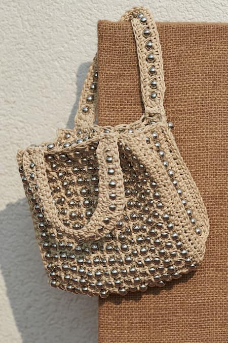 Antique Tan Crochet Silver French Steel Micro Bead Tassel Satin Lined Purse  | eBay