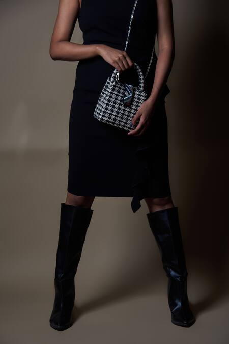 Shop ETCETERA Black Embellished Sparkle Houndstooth Mini Tote Bag Online at Aza Fashions Shop_ETCETERA_Black Embellished Sparkle Houndstooth Mini Tote Bag _Online_at_Aza_Fashions