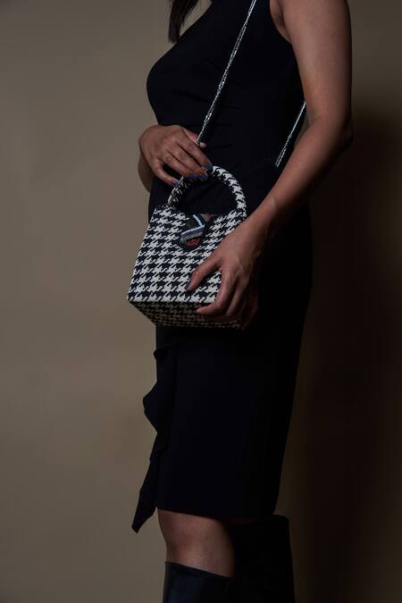 ETCETERA Black Embellished Sparkle Houndstooth Mini Tote Bag at Aza Fashions ETCETERA_Black Embellished Sparkle Houndstooth Mini Tote Bag _at_Aza_Fashions