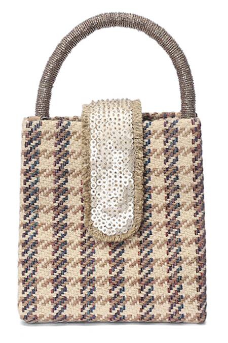 ETCETERA Beige Embellished Sparkle Sand Mini Tote Bag Online at Aza Fashions ETCETERA_Beige Embellished Sparkle Sand Mini Tote Bag _Online_at_Aza_Fashions