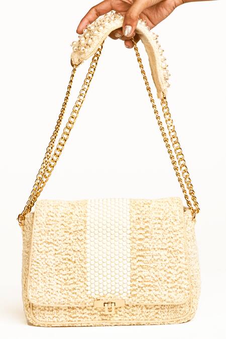 Shop Etcetera Cream Pearls Cotton Looped Thread Handbag at Aza Fashions Shop_Etcetera_Cream Pearls Cotton Looped Thread Handbag _at_Aza_Fashions