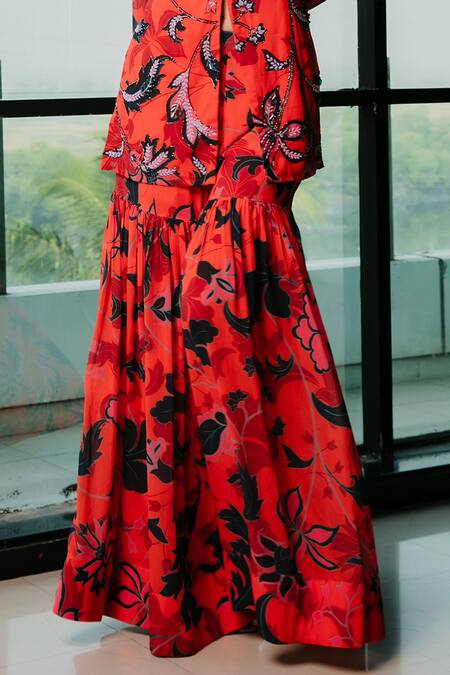 Ria Shah Label Orange Polyester, Georgette Embroidery, Floral Printed Kurta And Sharara Set Online at Aza Fashions Ria Shah Label_Orange Polyester, Georgette Embroidery, Floral Printed Kurta And Sharara Set _Online_at_Aza_Fashions