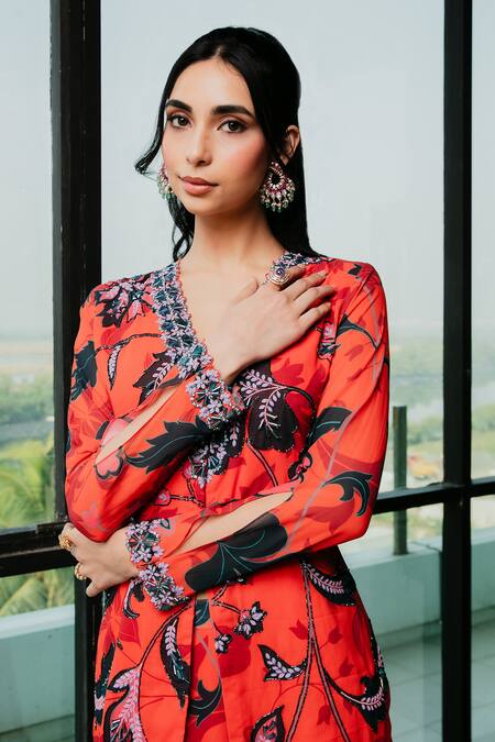 Buy Ria Shah Label Orange Polyester, Georgette Embroidery, Floral Printed Kurta And Sharara Set Online at Aza Fashions Buy_Ria Shah Label_Orange Polyester, Georgette Embroidery, Floral Printed Kurta And Sharara Set _Online_at_Aza_Fashions