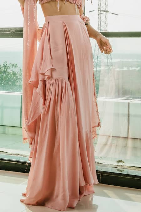 Ria Shah Label Pink Net, Crepe, Linen Embroidery, Sequins, Pearls 3d Floral Blouse Sharara Set Online at Aza Fashions Ria Shah Label_Pink Net, Crepe, Linen Embroidery, Sequins, Pearls 3d Floral Blouse Sharara Set _Online_at_Aza_Fashions