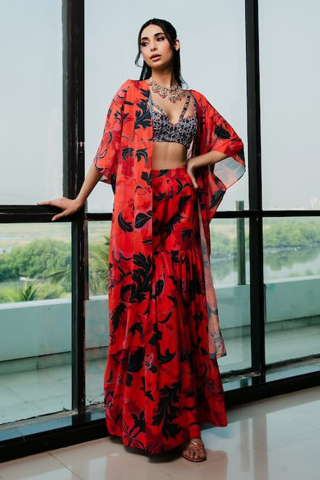 RIA SHAH LABEL Floral Printed Kaftan Sharara Set 