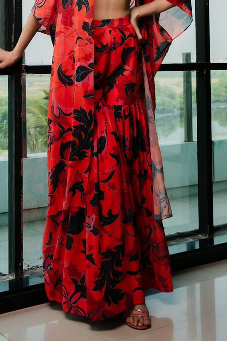 Ria Shah Label Orange Polyester, Georgette Embroidery, Floral Printed Kaftan Sharara Set Online at Aza Fashions Ria Shah Label_Orange Polyester, Georgette Embroidery, Floral Printed Kaftan Sharara Set _Online_at_Aza_Fashions