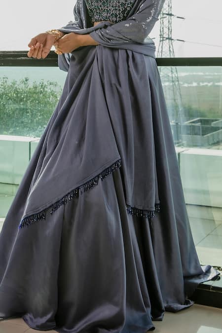 Ria Shah Label_Blue Satin, Crepe Crystals, Pearls, Embroidery, Stone Floral Lehenga Set _Online_at_Aza_Fashions