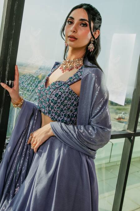 Buy_Ria Shah Label_Blue Satin, Crepe Crystals, Pearls, Embroidery, Stone Floral Lehenga Set _Online_at_Aza_Fashions