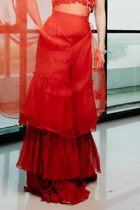Ria Shah Label Red Organza, Linen, Crepe, Georgette Crystals, 3d Floral Bustier Gharara Set Online at Aza Fashions Ria Shah Label_Red Organza, Linen, Crepe, Georgette Crystals, 3d Floral Bustier Gharara Set _Online_at_Aza_Fashions